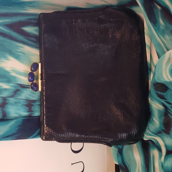 Gucci Vintage Rare Black Lizzard LAPIS STONE Beads Shoulder Clutch Bag GORGEOUS! - Picture 5 of 15